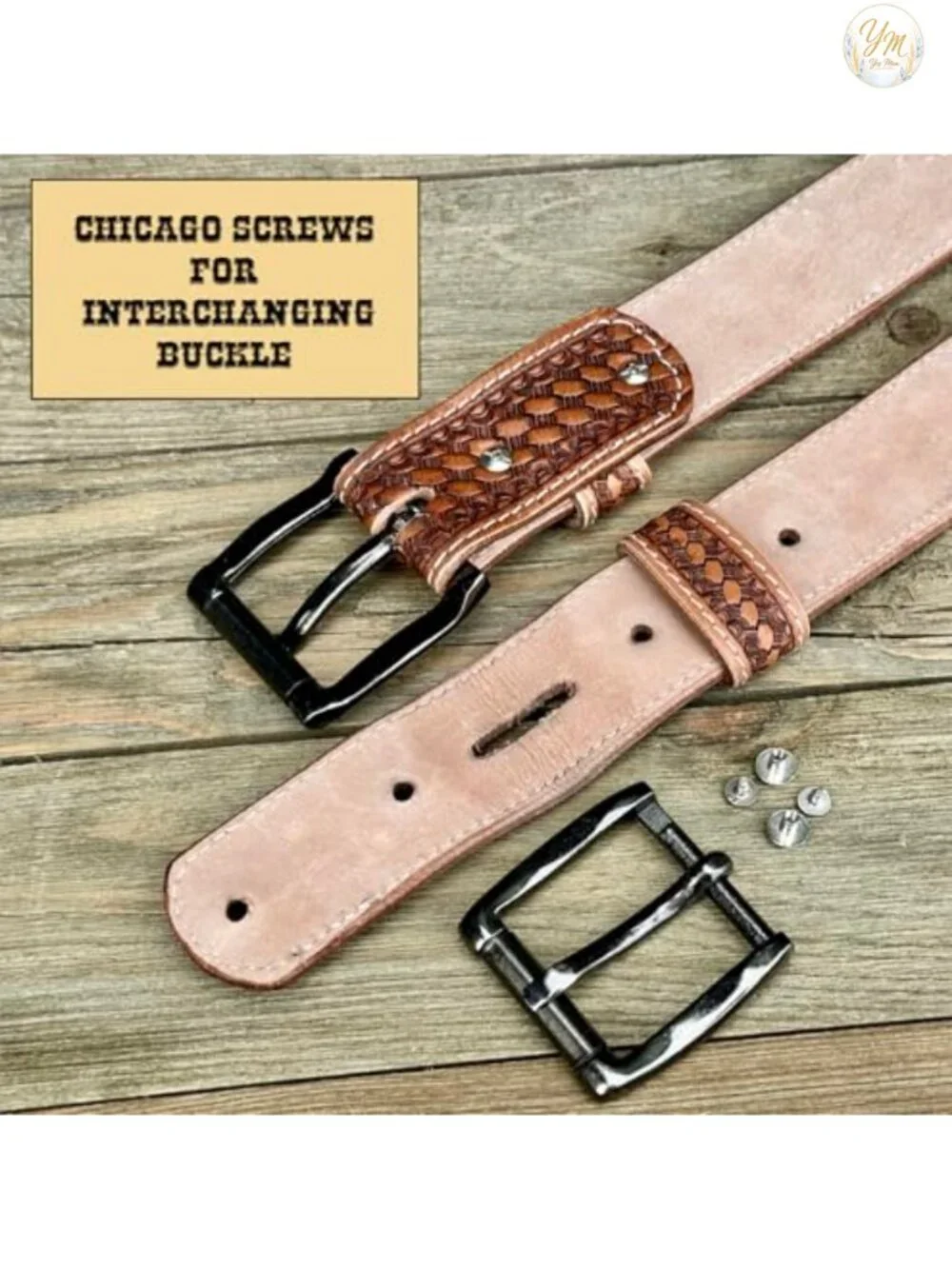 Handmade Full Grain Leather Cowboy Belt with Removable Buckle Beaded Tooled